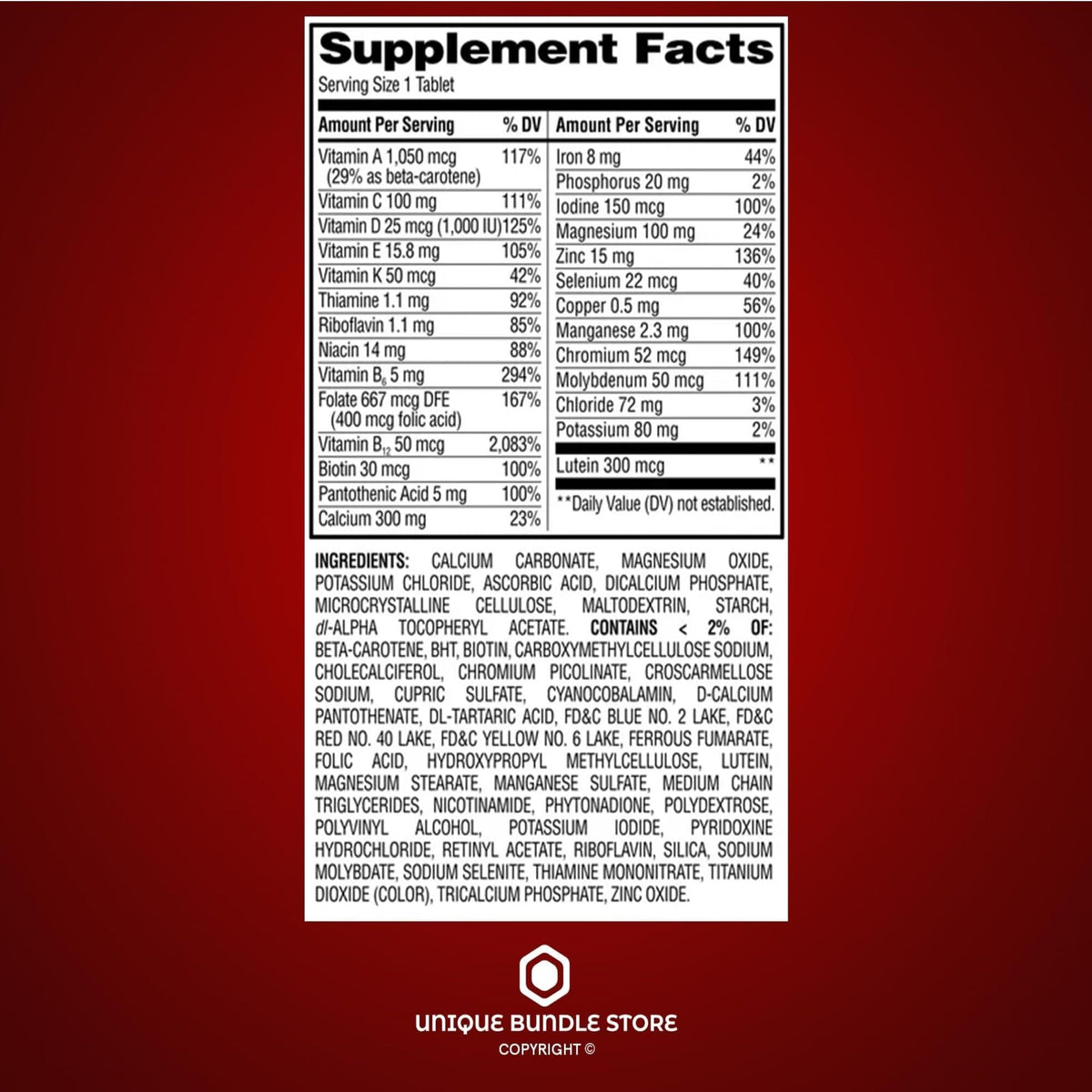 Unique Bundle Store Multivitamin for Women 50 Plus – 100 Tablets, One Daily Women’s Multivitamin with Essential Vitamins and Minerals, Adult Vitamins for Women Over 50 (Pack of 1)