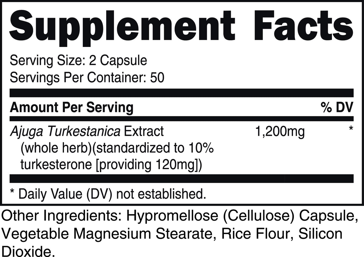 Bucked Up Turkesterone 1200mg | Ajuga Turkestanica Extract Standardized 10% | Non GMO Gluten Free Third Party Tested | Plant Based Supplement Capsules (100 Capsules, 50 Servings)