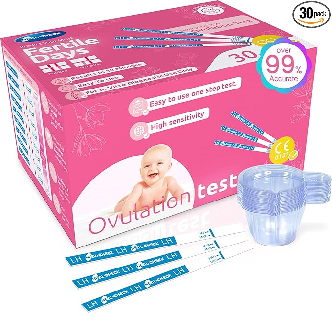 Ovulation Tests with Cups, Bulk Ovulation Test Strips for Women, HEAL-CHECK Ovulation Predictor Kit, Accurate Fertility Tests for Home, Individually Wrapped 5mm LH Strips FSA HSA Eligible 30 Count