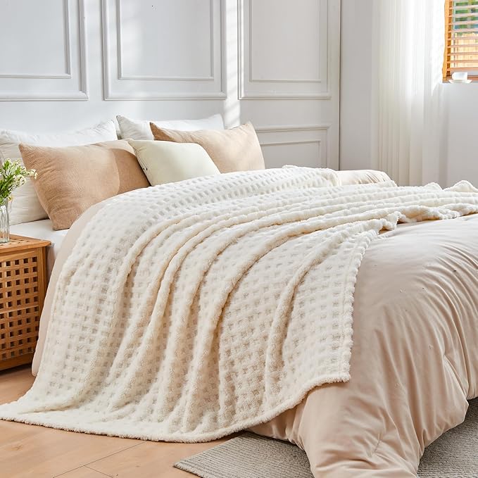NEWCOSPLAY Super Soft Queen Blanket Ivory Premium Silky Flannel Fleece 3D Waffle Checkered Lightweight Bed Blanket All Season Use (Ivory, Queen(90"x90"))