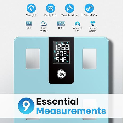 GE Weight Scale Body Fat: Smart Scale for Body Weight Bluetooth Bathroom Digital with BMI Fat Percentage Composition with Large LCD Display Weighing 396lbs Blue