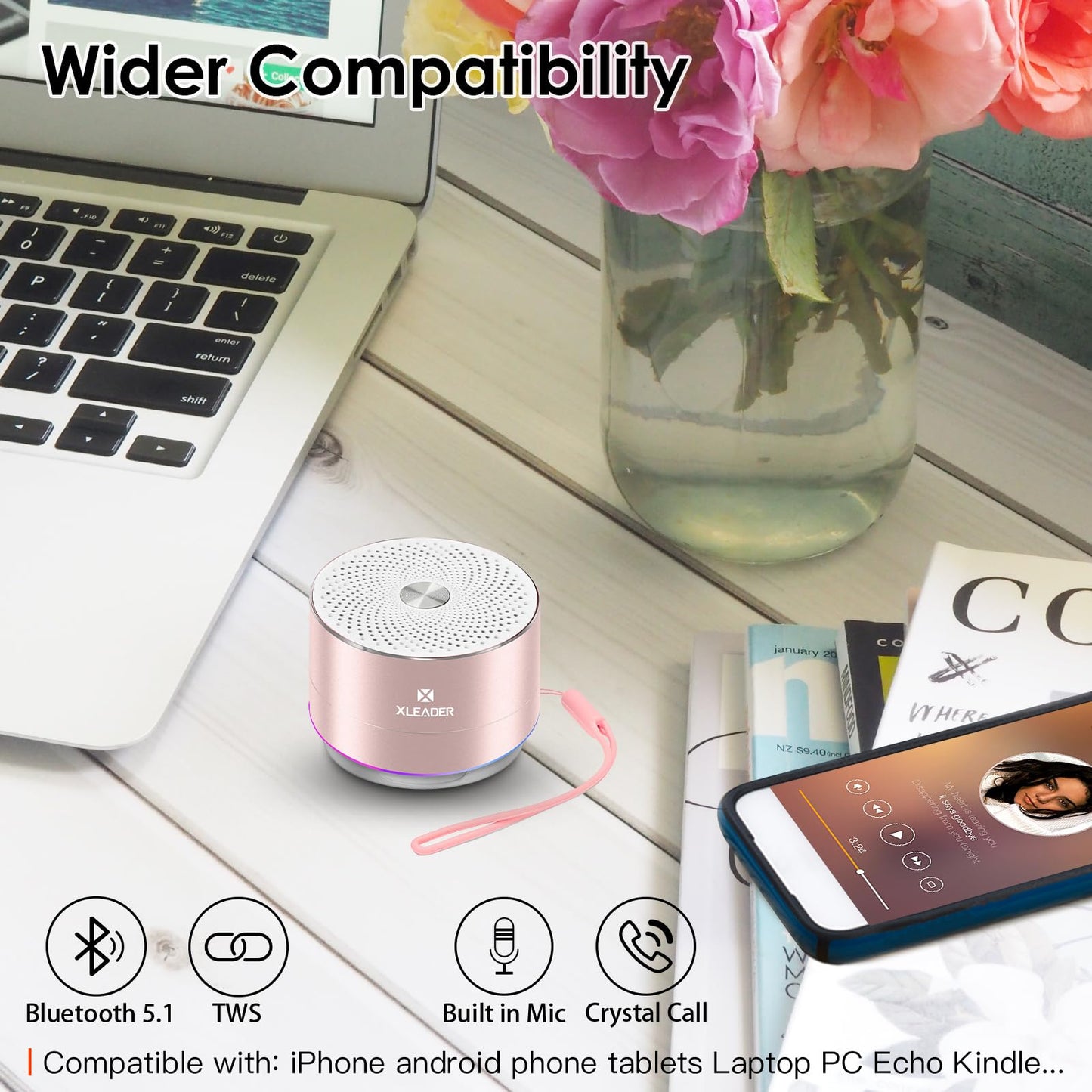 XLEADER Mini Bluetooth Shower Speaker, IPX6 Waterproof Speaker, with RGB Lights, Mic, Portable Silicone Lanyard, Suction Cup, Clear Sound&Rich Bass, 12h Playtime, Small Pink Gifts for Girls Women