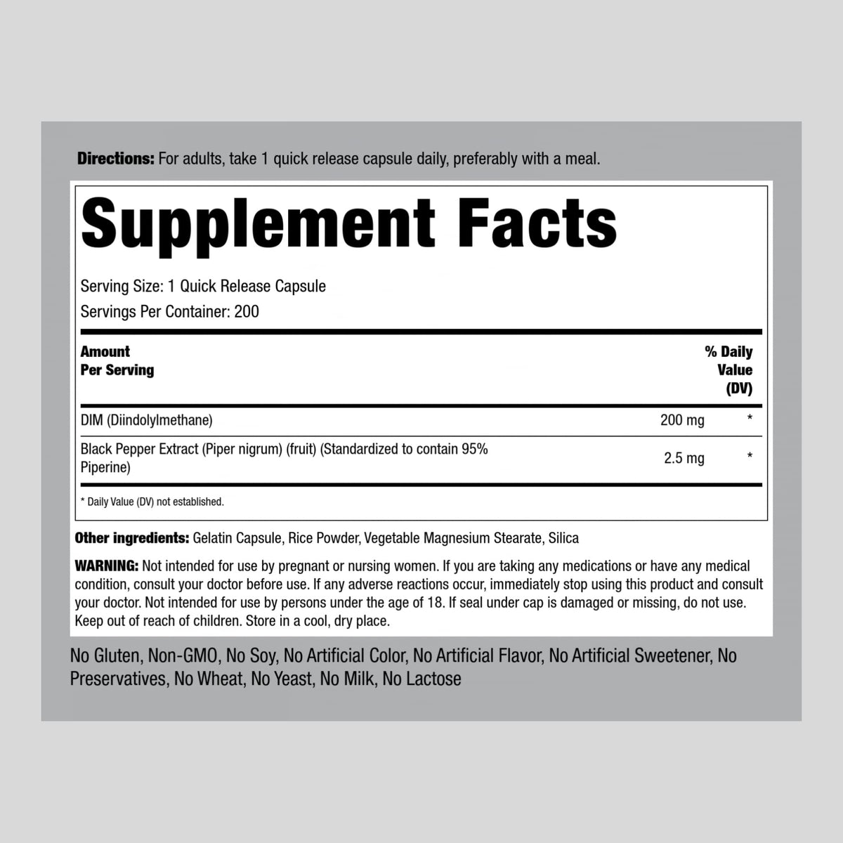 Piping Rock DIM Supplement | 200 mg | 200 Capsules | Diindolylmethane with Black Pepper Extract | Non-GMO & Gluten Free Formula