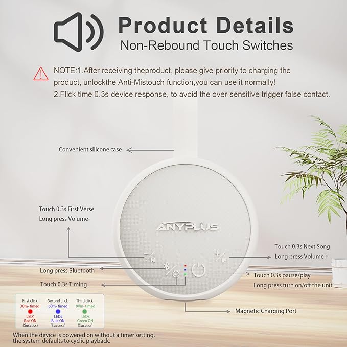White Noise Sound Machine, Portable Sound Machine for Sleeping Adults & Baby, with Bluetooth 5.1/24 Soothing Sounds/Battery Powered/3 Timer Memory Function for Office/Bedroom/Travel（White）