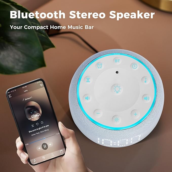 White Noise Machine Alarm Clock for Bedrooms - 5W Stereo Bluetooth Speaker - 24 Soothing Sounds - 9 Night Lights - Auto-Dimmable Digital Alarm Clock Sound Machine for Sleeping
