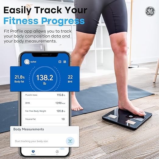 GE Smart Scale for Body Weight and Fat Percentage with All-in-one LCD Display, Digital Bathroom Weight Scales Bluetooth Body Composition Analyzer with App, Accurate Weighing, 400 lbs / 180 kg