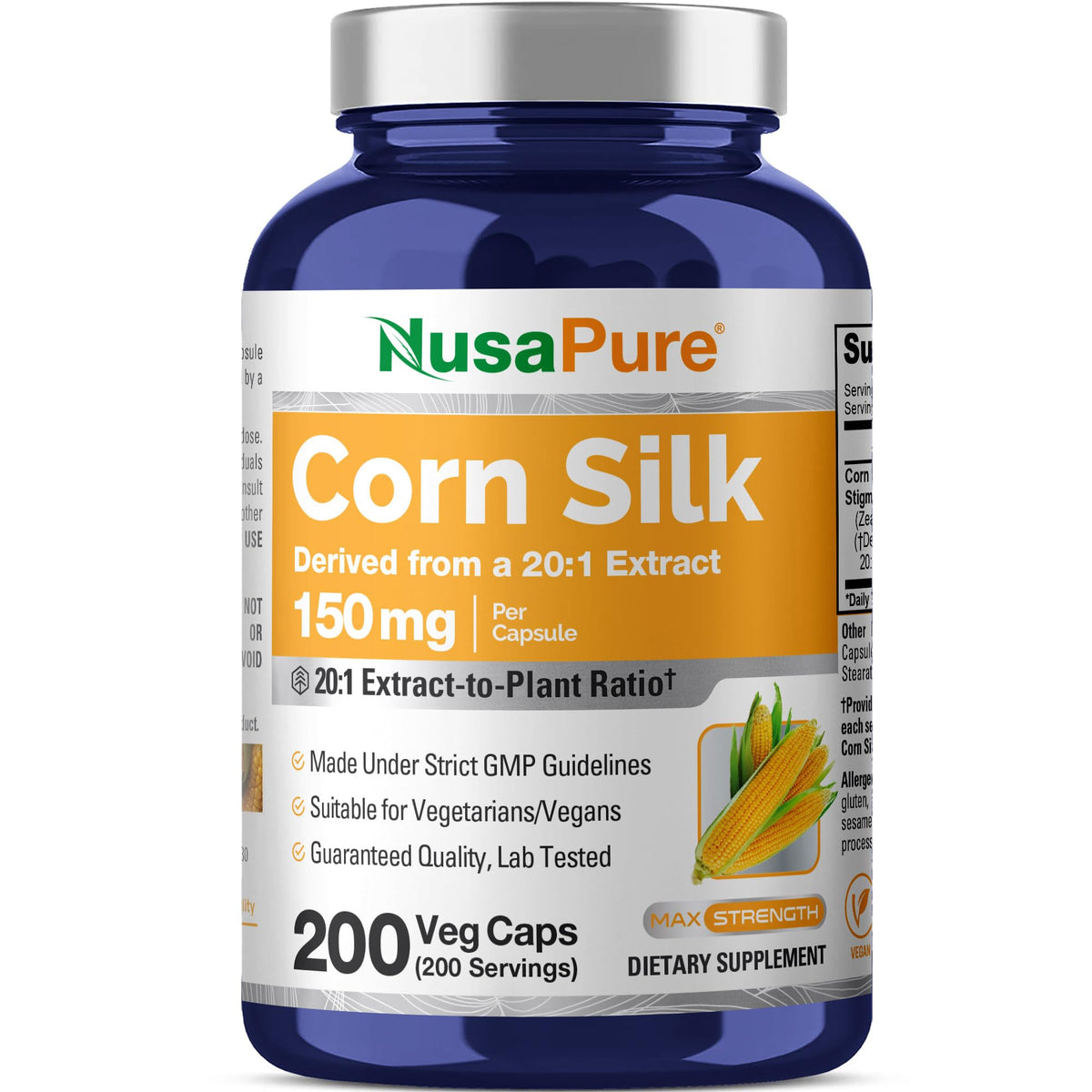 NusaPure Corn Silk Capsules, 150 mg, 200 Veg Capsules (Non-GMO, Vegan)