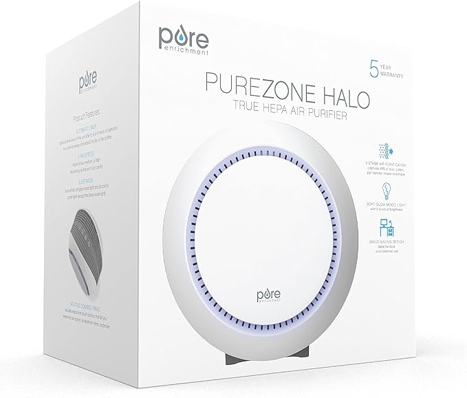 Pure Enrichment PureZone Halo Medium Room Air Purifier, 2 Stage Filtration, Purifies Air of Smoke, Pollen, Dust, and Pet Hair - Easily Fits on Tables, Desks, and Nightstands (White)