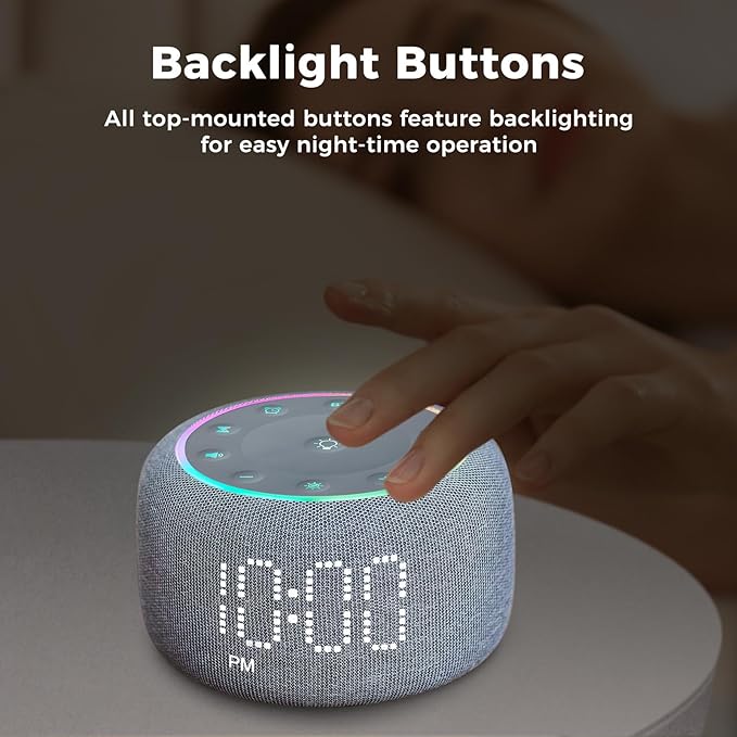 White Noise Machine Alarm Clock for Bedrooms - 5W Stereo Bluetooth Speaker - 24 Soothing Sounds - 9 Night Lights - Auto-Dimmable Digital Alarm Clock Sound Machine for Sleeping