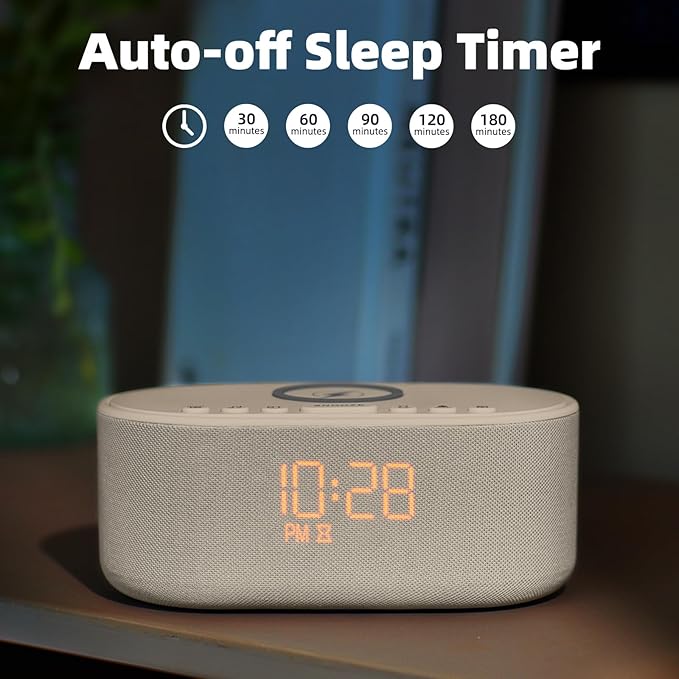 Sound Machine Alarm Clock for Bedrooms: Bluetooth 10W Stereo Speaker with Wireless Charging - White Noise Machine for Sleeping with 21 Soothing Sounds - Putty