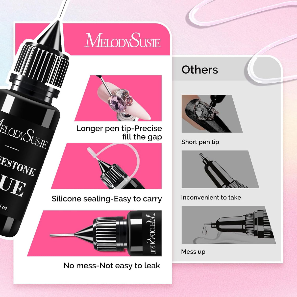 MelodySusie Nail Rhinestone Glue, 3D Gel Nail Art Design Strong Adhesive Nail Gem Glue for Nail Charms Gems Jewelry Decoration DIY Manicured at Home Cured Need Beauty Gifts for Women 30ml