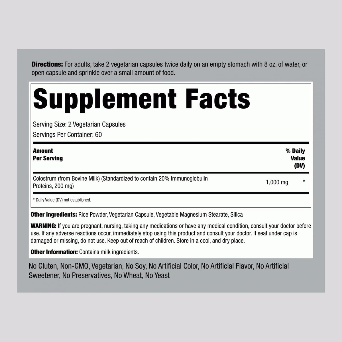 Piping Rock Colostrum Capsules 1000mg | 120 Pills | Supplement for Women and Men | 20% Immunoglobulin | Vegetarian, Non-GMO, Gluten Free