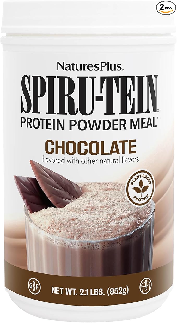 Natures Plus SPIRU-TEIN, Chocolate - 2.1 lb, Pack of 2 - Plant-Based Protein Shake - Non-GMO, Vegetarian, Gluten Free - 68 Total Servings