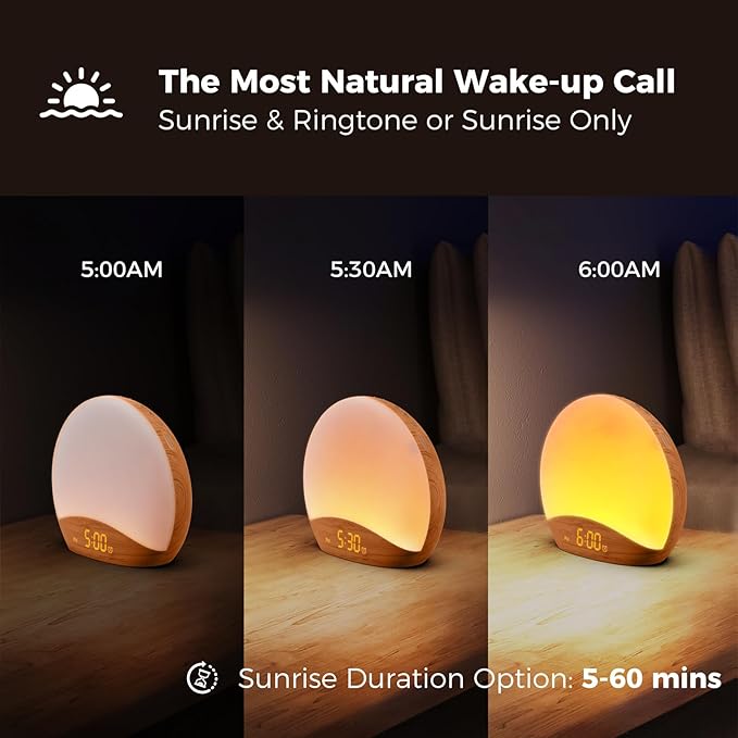 REACHER Wood Grain Sunrise Alarm Clock and Sound Machine Nightlight, Digital Dimmable Clocks for Bedroom, 26 Sleep Sounds, White Noise Machine for Baby, Adults, Wake Up Light Alarm Clock for Kids