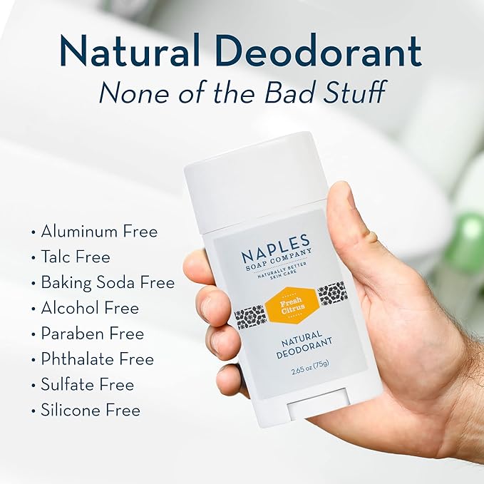 Naples Soap Company Deodorant - Natural, Long-Lasting, Stain-Free Formula - Prevents Odor-Causing Bacteria - Aluminum, Baking Soda, Talc-Free - Fresh Citrus, 2.65oz