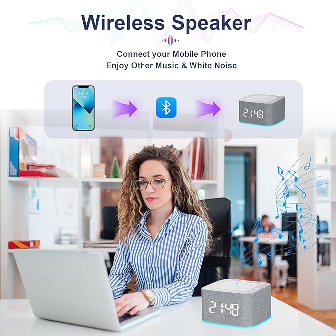 Sound Machine Alarm Clock for Baby Adult, 32 Soothing Sounds White Noise Machine, Night Lights Bluetooth Speaker, APP Control Noise Machine with Dimmable Clock for Kids Teens