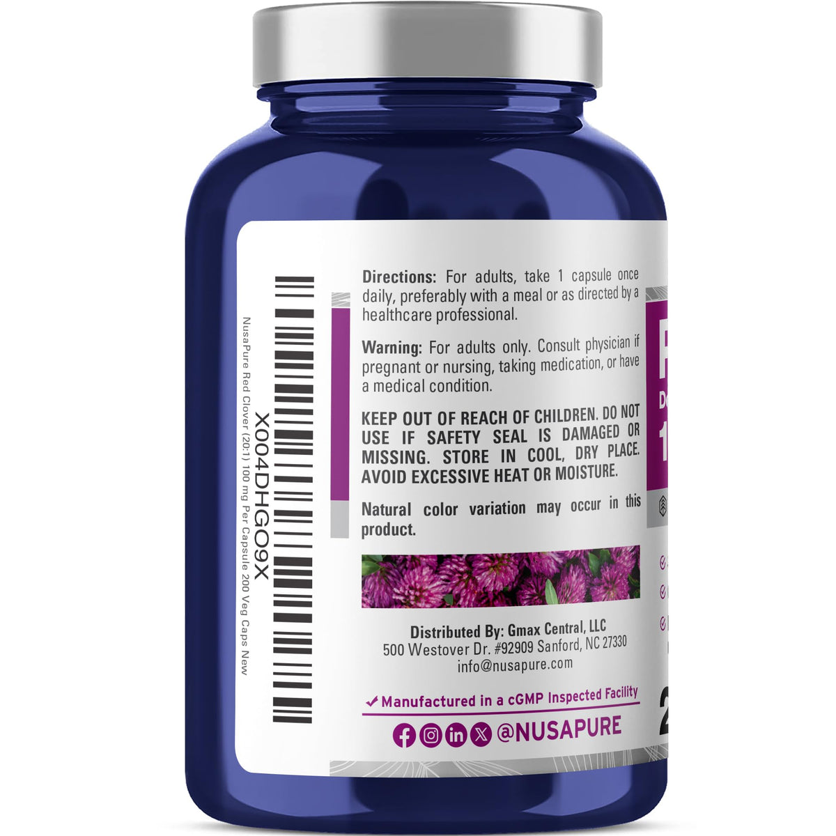 NusaPure Red Clover Blossoms Capsules, 100 mg, 200 Veg Capsules (Non-GMO, Vegan)