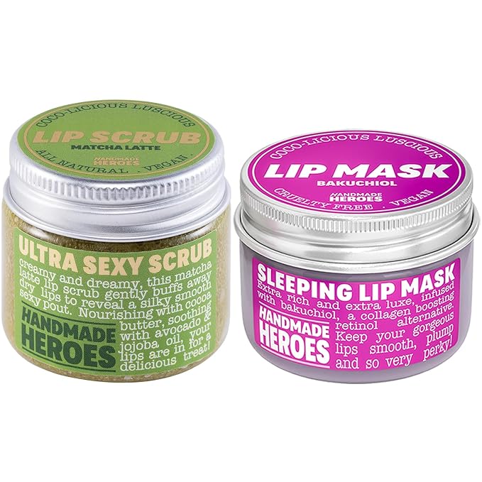 Handmade Heroes Plumping Bakuchiol Lip Mask and Green Tea Lip Scrub Bundle - Clean Sustainable Skincare Lip Exfoliator and Lip Treatment - Matcha Latte & Bakuchiol