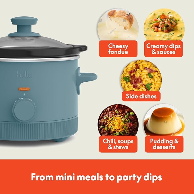 bella 1.5 Qt Slow Cooker with 3 Heat Manual Control, EverGood™ Ceramic Nonstick Coating, Dishwasher Safe Stoneware Pot and Tempered Glass Lid, Tangle Free Cord Wrap & Cool Touch Handles, Surf