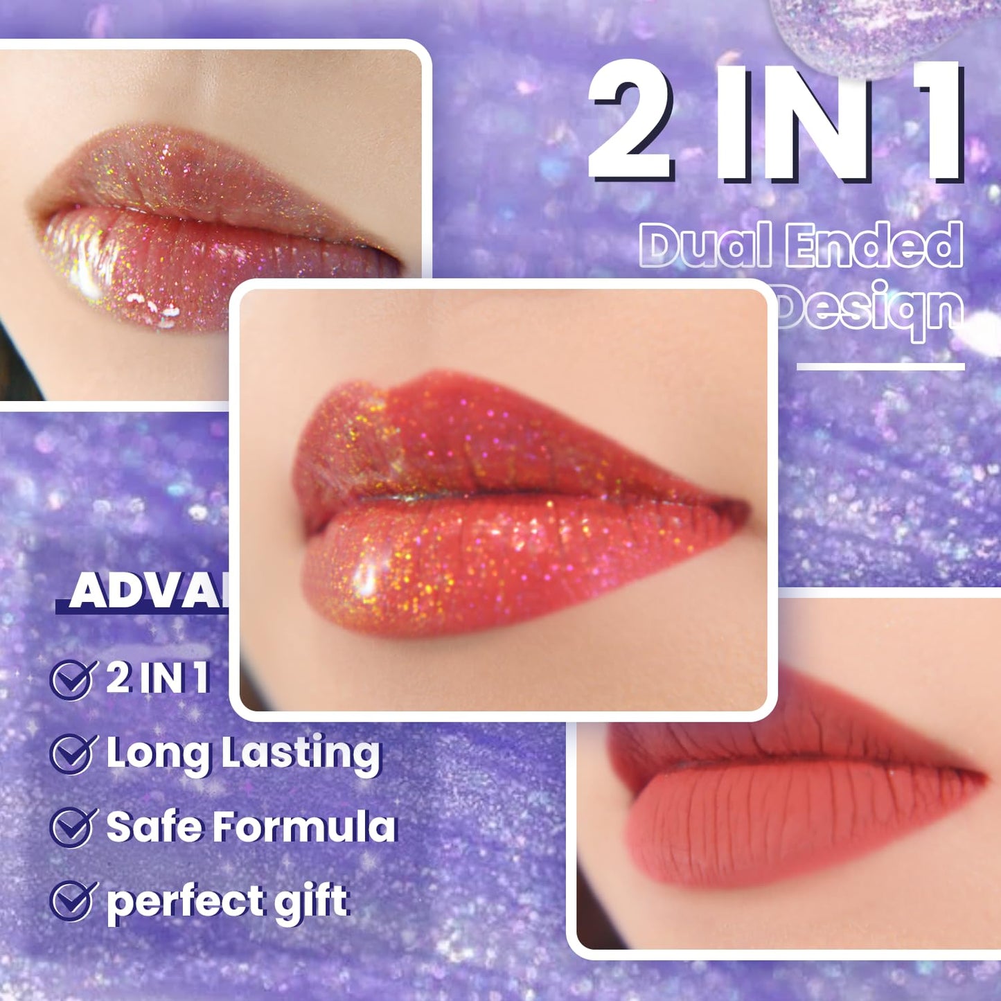 CHARMACY Multichrome Double Head Non-Stick Lip Gloss, Metallic Colourful Lip Glaze, Anti-transfer, Long Lasting Waterproof Liquid Lipstick Makeup (#02)