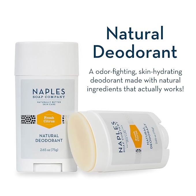 Naples Soap Company Deodorant - Natural, Long-Lasting, Stain-Free Formula - Prevents Odor-Causing Bacteria - Aluminum, Baking Soda, Talc-Free - Fresh Citrus, 2.65oz