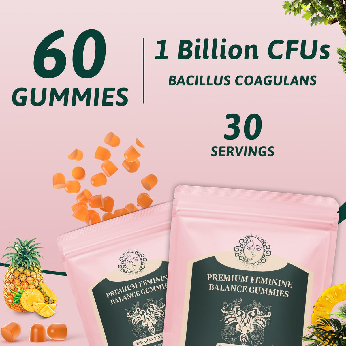 Mosslly Feminine Balance Gummies for Women - Premium Balance Supplement for Women PH Health, Gut Healthy, Immune Support, Hawaiian Pineapple Flavor, 60 Gummies