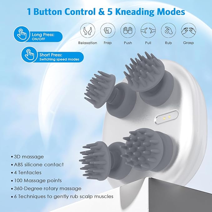 AMIR Electric Cordless Hair Scalp Massager, IPX7 Waterproof Portable Head Scratcher Massager with Kneading 96 Nodes, 5 Kneading Modes, for Hair Growth and Stress Relax, Gifts for Men Women