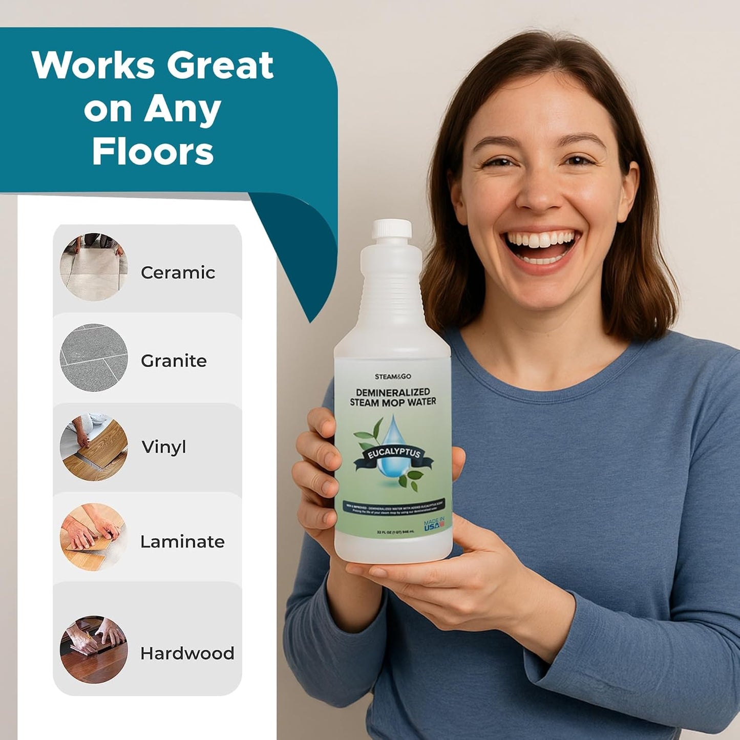 Steam & Go - Demineralized Water for Steam Cleaner, PVC-Free Floor Cleaner Liquid Compatible With Any Steam Mop, Ready-to-Use Multisurface Cleaner, Scented Mop Solution, Eucalyptus Mint, 32 oz