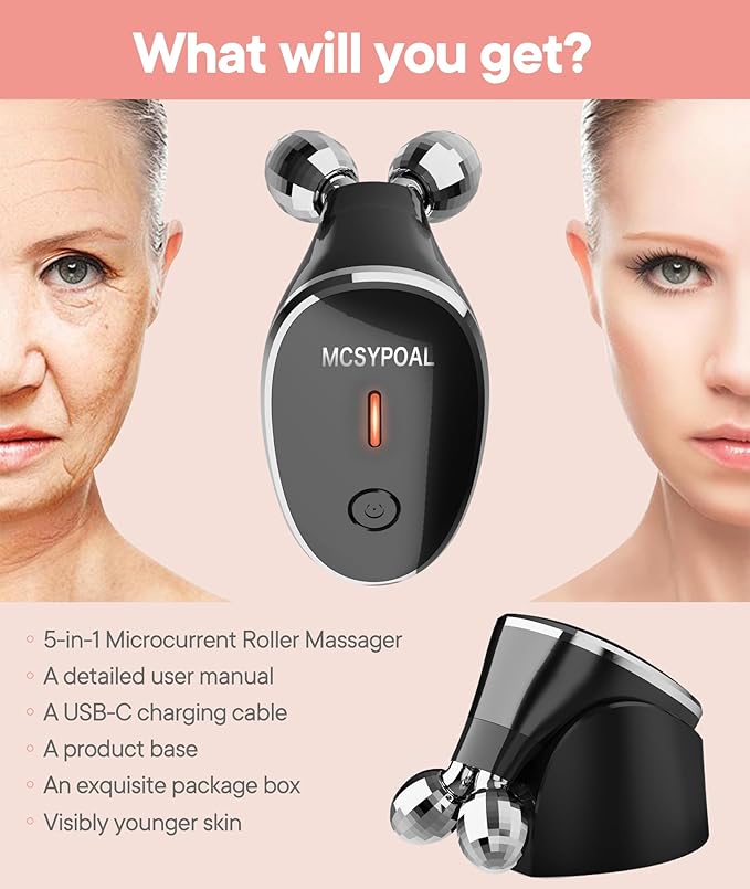 Micro-Current-Facial-Device, 5-in-1 Facial Roller Massager for Skin Care at Home, Face Massager Tool, Black