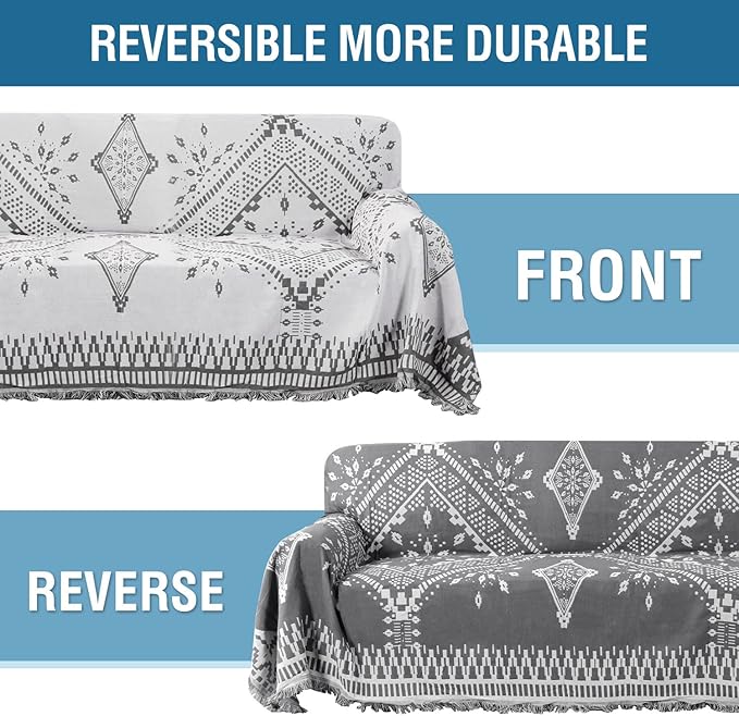 H.VERSAILTEX Reversible Sofa Cover Couch Cover for Dog Sofa Slipcover for Most Shape Sofa Furniture Protector with Tassels Sectional Couch Cover (XX-Large: 91" x 134", Dark Grey/White)