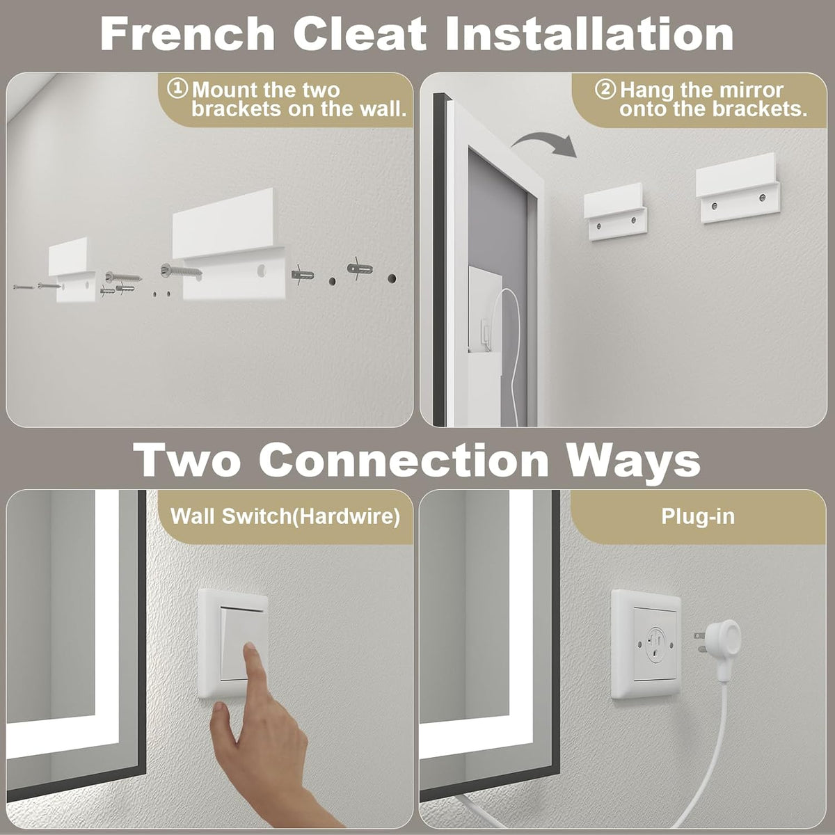 OKPAL 60x36 LED Bathroom Mirror with Lights, Lighted Mirrors for Bathroom Wall, Black Lighted Bathroom Mirror, Dimmable, Anti-Fog, Memory, Shatterproof, ETL Listed (Front Lights and Backlit)