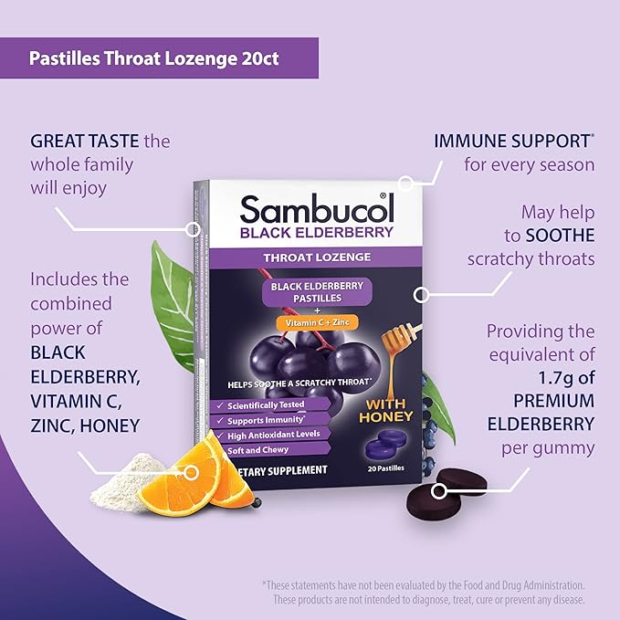 Sambucol Black Elderberry Throat Lozenge - With Honey, Vitamin C & Zinc, Elderberry Lozenges Sore Throat & Cough, Soothes Scratchy Throat, Supports Immunity, Soft & Chewy - 3-Pack (60 Total Pastilles)