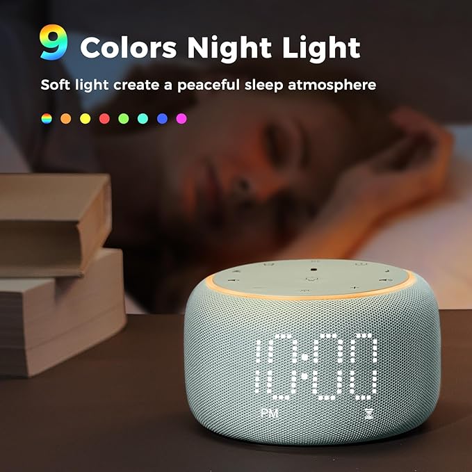 White Noise Machine Alarm Clock for Bedrooms - 5W Stereo Bluetooth Speaker - 24 Soothing Sounds - 9 Night Lights - Auto-Dimmable Digital Alarm Clock Sound Machine for Sleeping