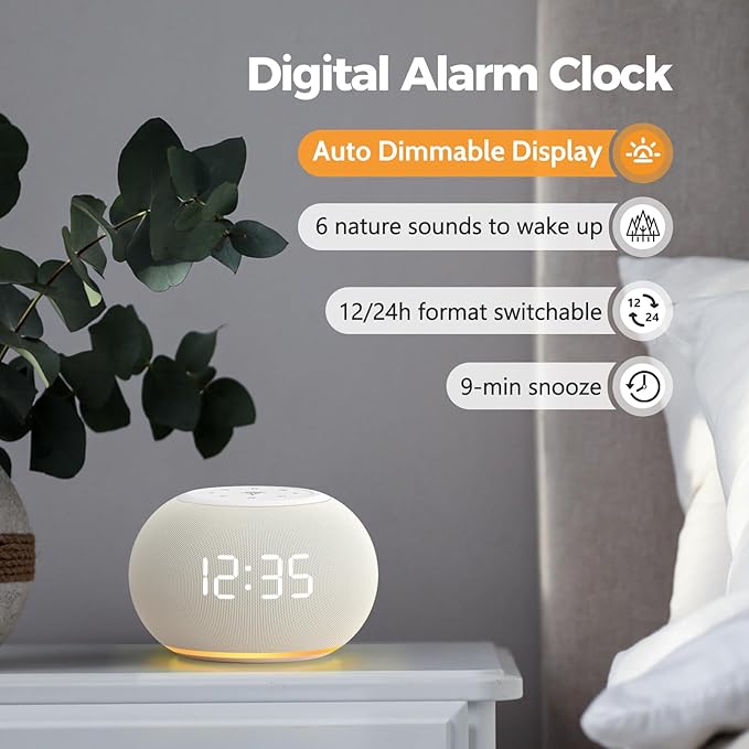 Reacher Auto-Dimmable Alarm Clock White Noise Machine with Night Light, 20 Soothing Sounds, Sleep Timer, Fabric LED Display, Precise Volume Control, Small Sound Machine for Nursery, Baby