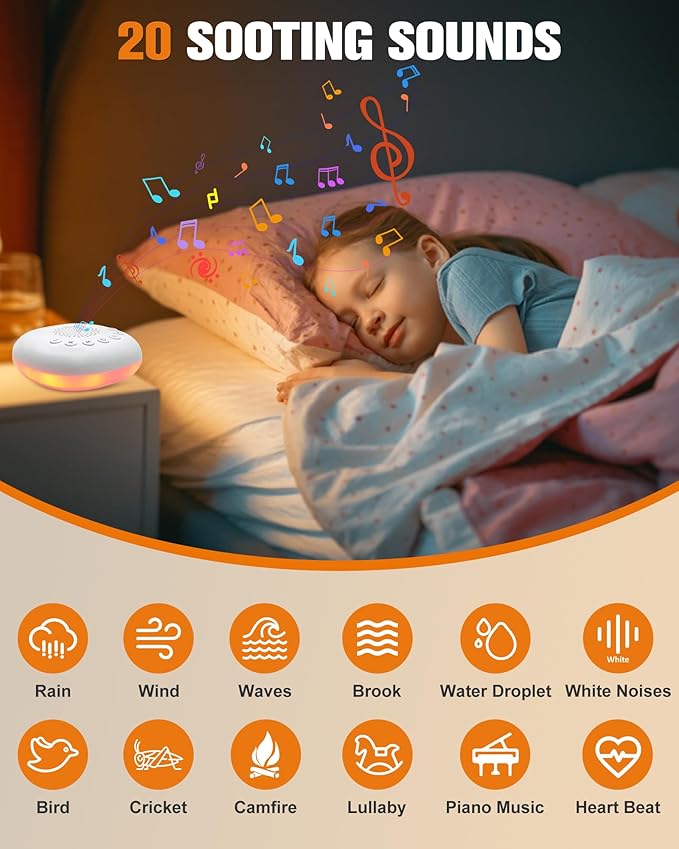 White Noise Machine - Portable Sound Machine with 20 Soothing Sounds 9 Colors Night Light for Baby Kids Adult Sleep Machines Memory Function 30 Volume Levels 4 Timers for Home Office Travel Relaxation