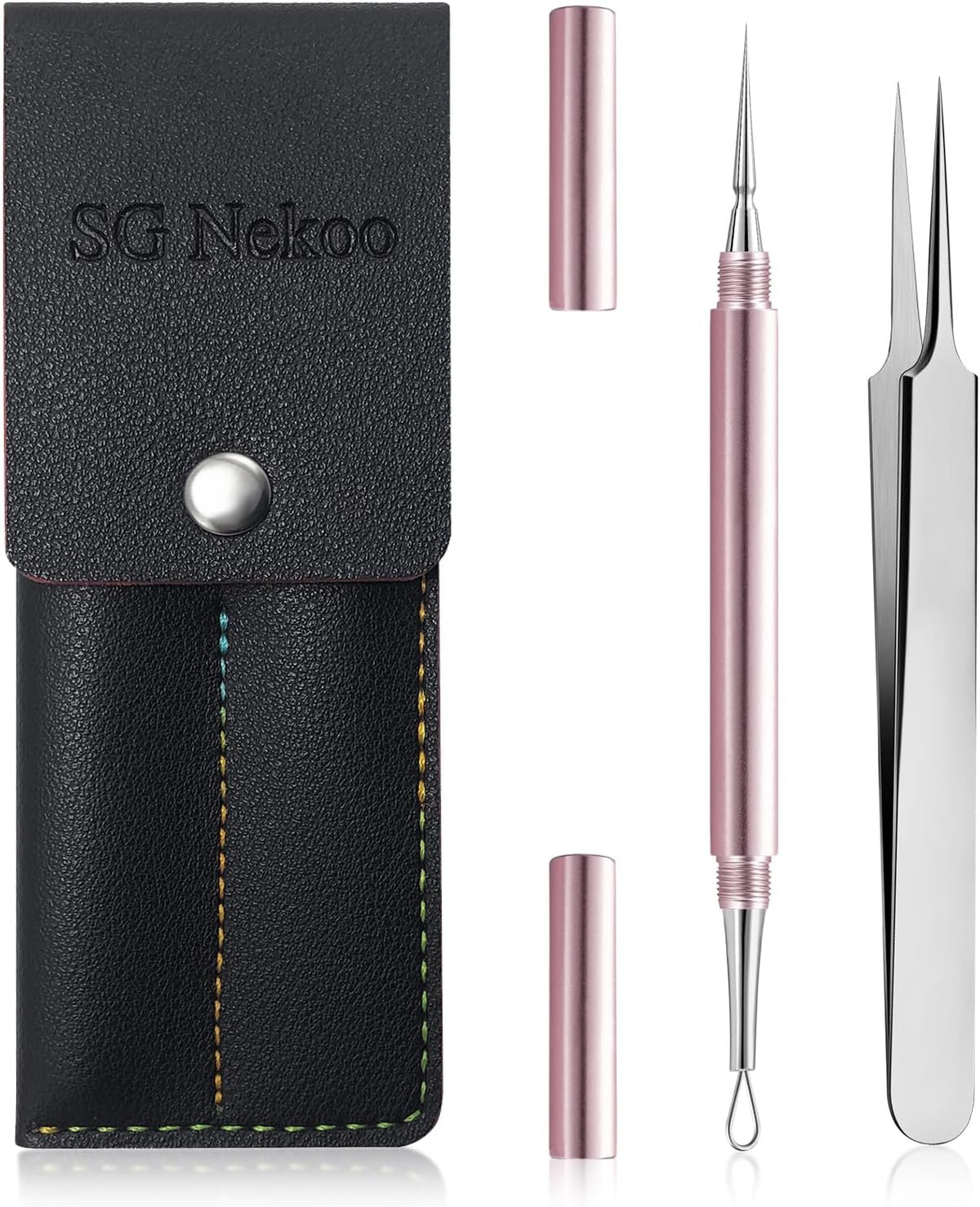 SGNEKOO Professional Facial Milia Removal Tool and Whitehead Extractor,Titanium Alloy Double Ended Needle and Steel Tweezers Kit,Blackhead,Blemish,Zit and Pimple Acne Remover Popper (Stainless Pink)