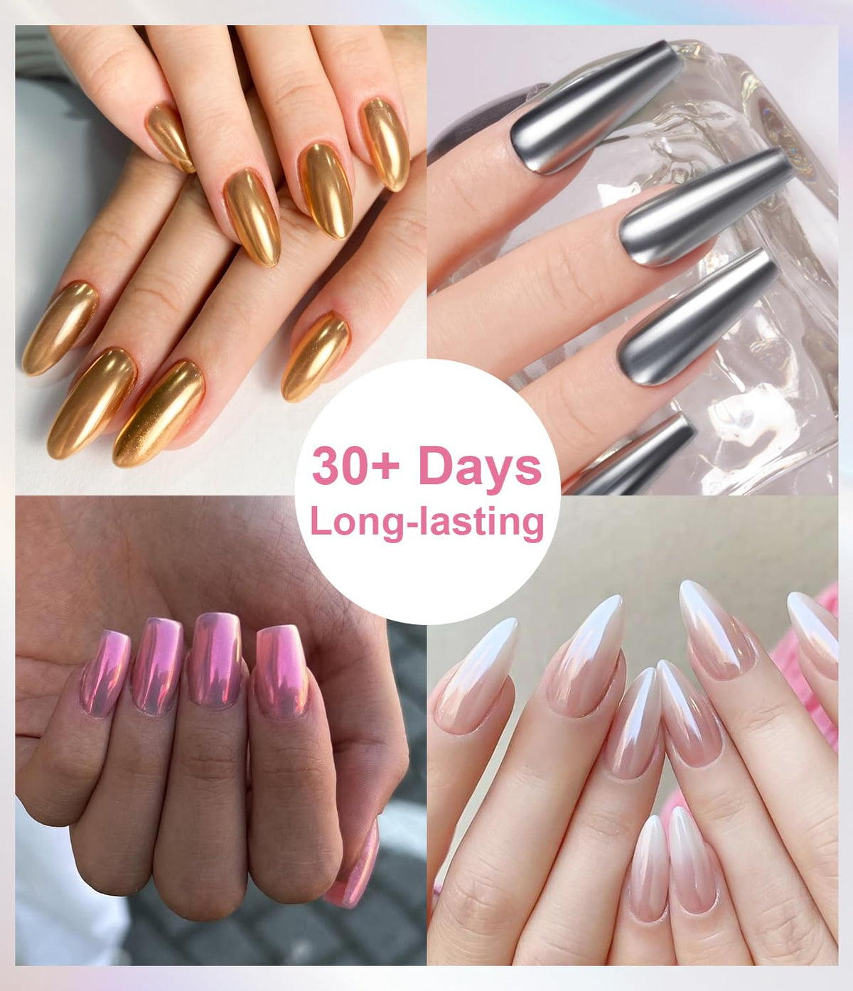 Pearl Chrome Nail Powder BISHENGYF -【Fairy Effect】Pink Chrome Nail Powder White Aurora Yellow Mermaid Iridescent Nail Chrome Powder Metallic Mirror Glitter Pigment Dust For Nail Art Decroation DIY