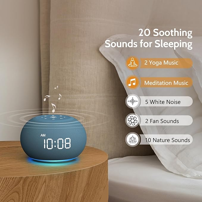 Reacher Auto-Brightness Alarm Clock Sound Machine, 20 Soothing Sounds, 8 Colors Night Light, Auto-Off Timer, 0-100% Dimmable Digital Display, Precise 30-Level Volume White Noise Machine