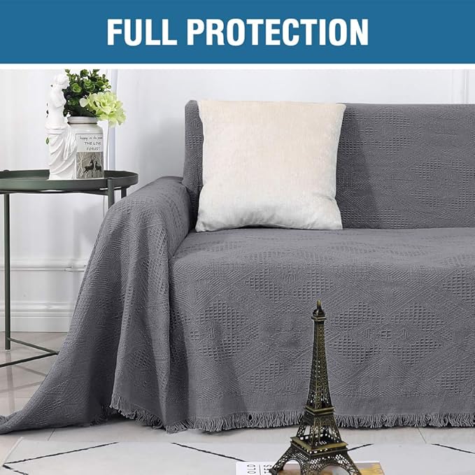 H.VERSAILTEX Cotton Sofa Covers Couch Cover Sofa Slipcover for Most Shape Sofas, Feature Thick Woven Jacquard Seamless with Tassels, Multi-Use Decorative for Couch (X-Large: 71" x 118", Grey)