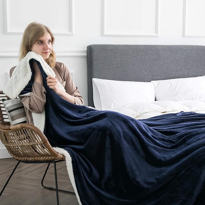 IR Imperial Rooms Sherpa Fleece Throw Blanket for Couch - Soft and Fuzzy Blanket for Winter - Reversible Thick and Warm Fluffy Throw Blankets for Bed, Sofa, Camping and Travel, Navy, 50x60 Inches