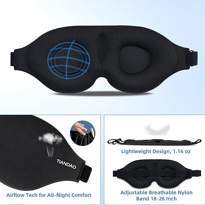 Soft Sponge Sleeping Mask for Side and Back Sleepers, Light Blocking 3D Eye Mask, Zero Pressure Memory Foam Travel Sleep Mask for Airplane, Comfortable Blindfold for Restful Sleep