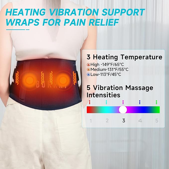 FSA HSA Eligible, Cordless Heating Pad with Massager for Back Pain Relief, 47-60" Lower Back Wearable Heating Pad for Cramps with 3 Heat&Timer, 5 Vibration Back Lumbar Support Belt for Men Women