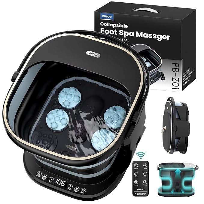Puboo Collapsible Foot Spa Bath Massager with Heat for Stress Relief & Relaxation, 16 Motorized Massage Balls, Temp Control, Side Bars, Remote, Timer, Electric Pedicure Foot Soaking Tub, Gift Box