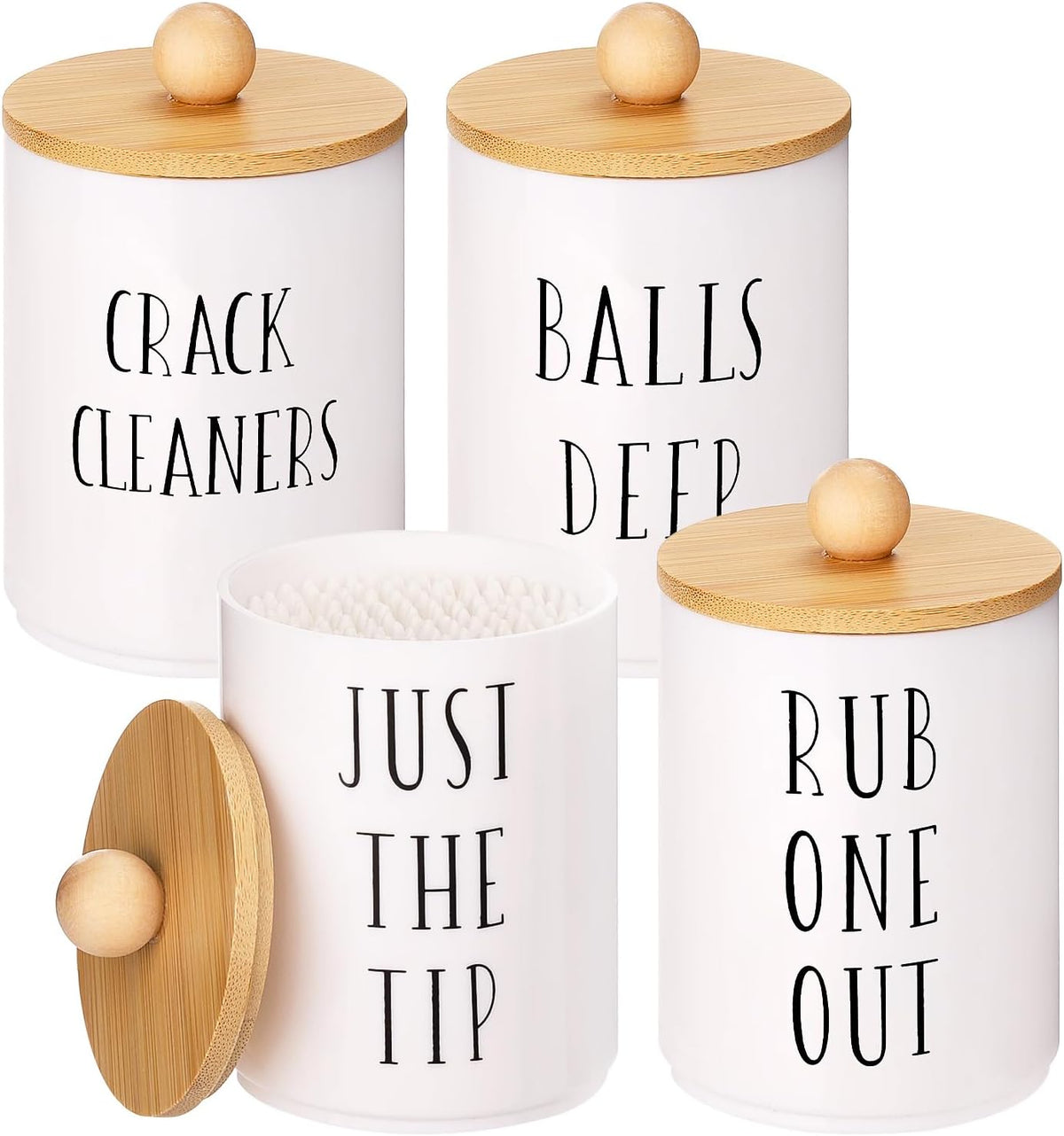 Tbestmax 4 Pack Qtip Holder Dispenser White Plastic Apothecary Jars for Bathroom Organizer, 10oz Storage Containers for Cotton Ball, Cotton Swab, Floss