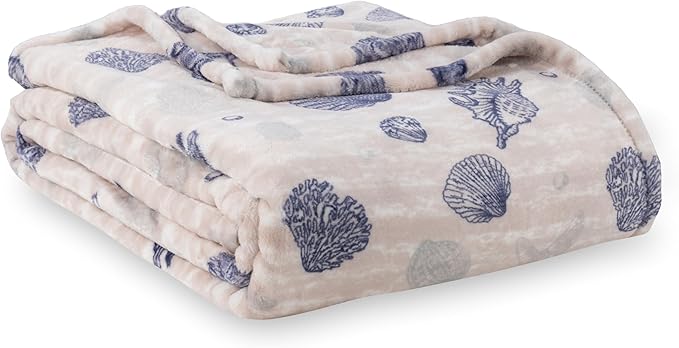 Berkshire Blanket-Classic Heavyweight Soft Printed VelvetLoft® Plush Warm Blanket, Twin Size Soft Fuzzy Blanket for Couch Sofa Bed, Classic Shells Navy, 60in x 90in