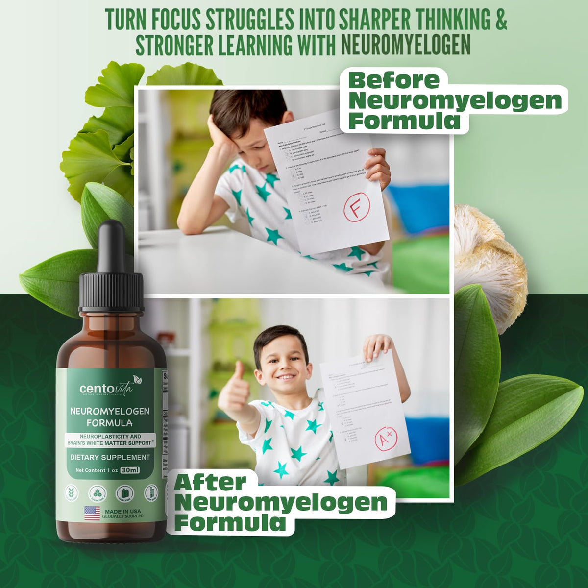 centovita Neuromyelogen Formula: Neuroplasticity and Brain's White Matter Health Support.Drops for Kids – Focus, Learning, and Cognitive Wellness – Natural Berry Flavor – 1 fl oz (30 Servings)