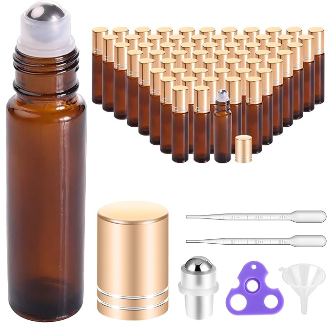 PrettyCare 60 Pack, 10 ml Essential Oil Roller Bottles with Stainless Steel Roller Ball - Refillable Leak-proof Empty Thick Amber Glass Roll on Bottles with Metal Caps for Travel, Perfume