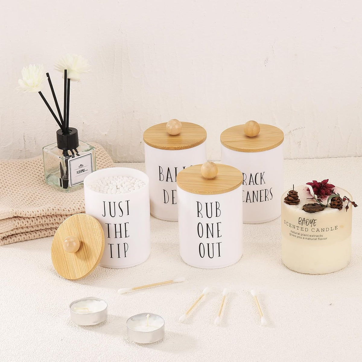 Tbestmax 4 Pack Qtip Holder Dispenser White Plastic Apothecary Jars for Bathroom Organizer, 10oz Storage Containers for Cotton Ball, Cotton Swab, Floss
