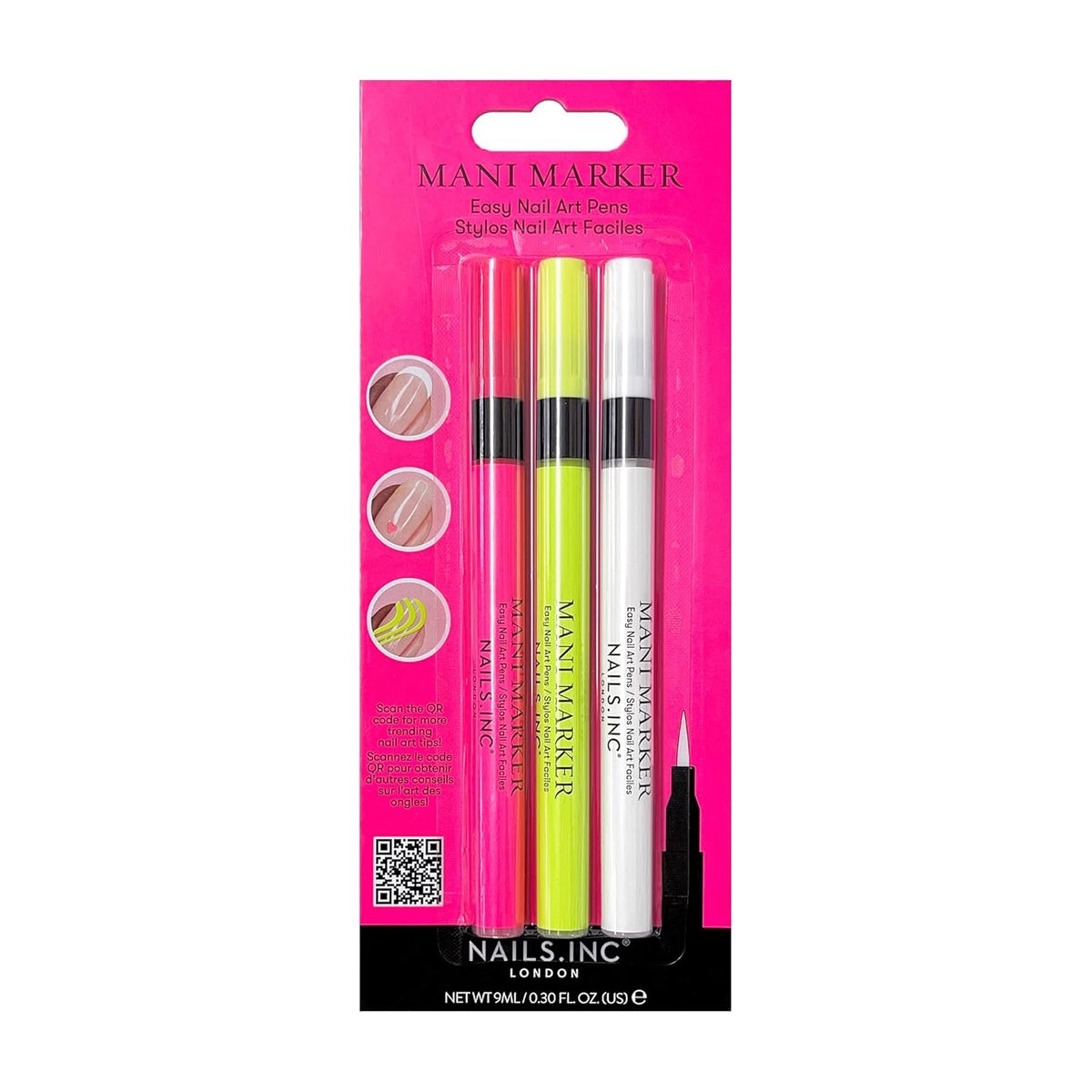 Nails Inc Neon Mani Marker Nail Art Pen Trio, DIY Nail Drawings, Fine Tip, Thin Brush, No Bleed, Manicure Tools, Drawing & Painting, Long Lasting, Vegan, Cruelty Free, Nail Art Pen, 3 Piece Set