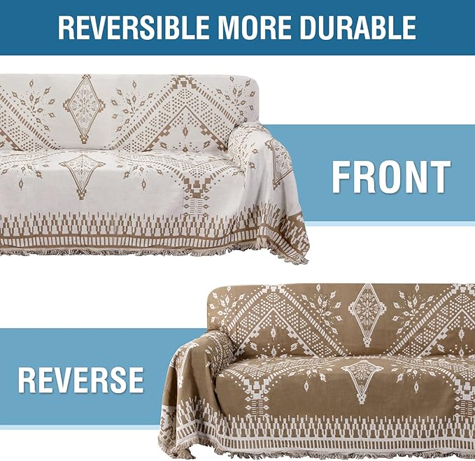 H.VERSAILTEX Reversible Sofa/Couch Cover for Dog, Slipcover for Most Shape Sofa Furniture Protector with Tassels for Sectional Couch (Large: 71" x 102", Sand/White)